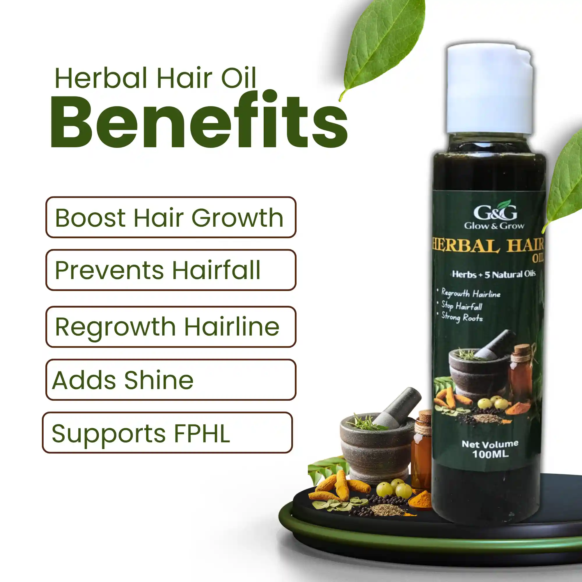 Benefits of Glow & Grow Herbal Hair Oil for preventing hairfall and supporting FPHL regrowth.