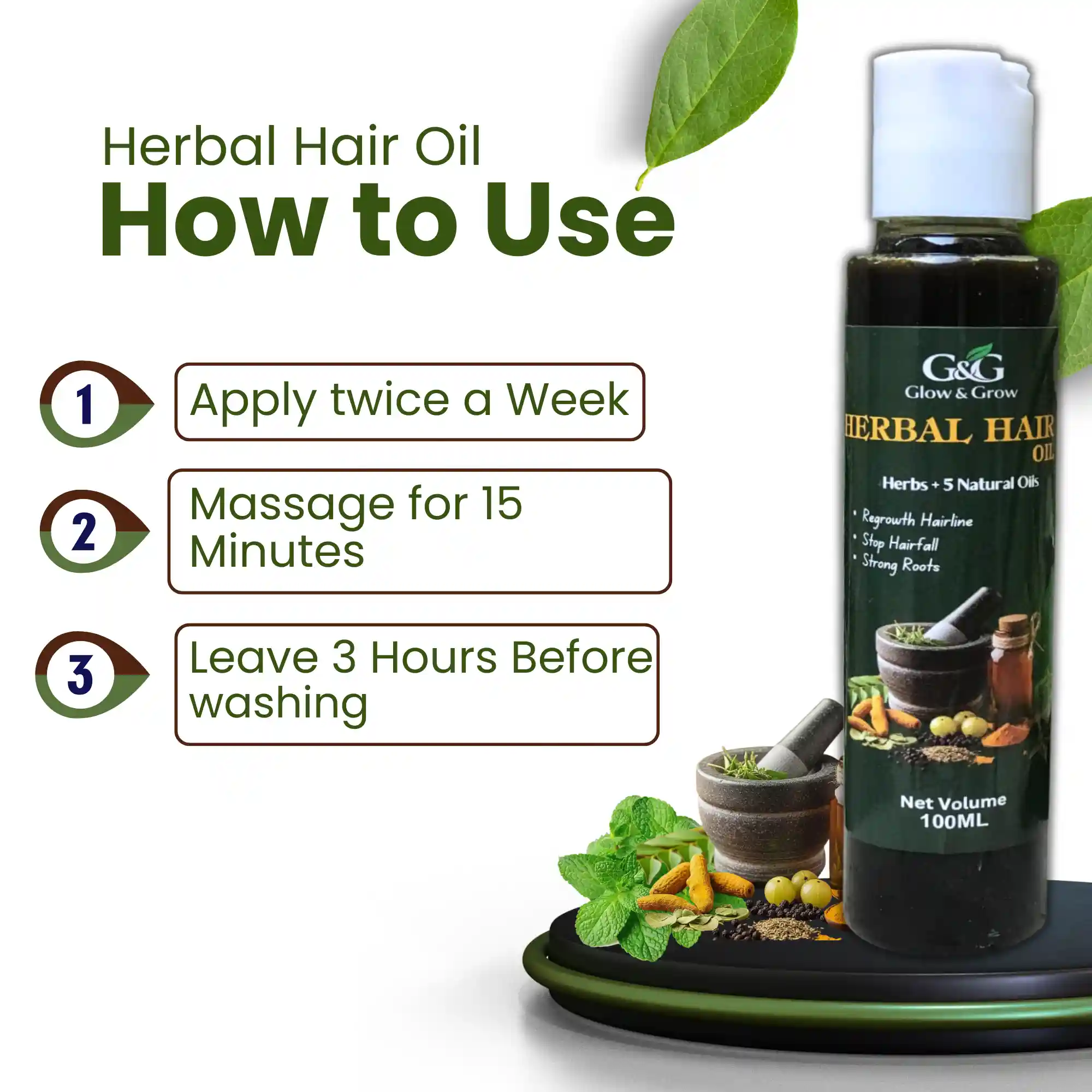 Step-by-step guide on how to apply herbal hair oil for best results - Massage for 15 minutes.