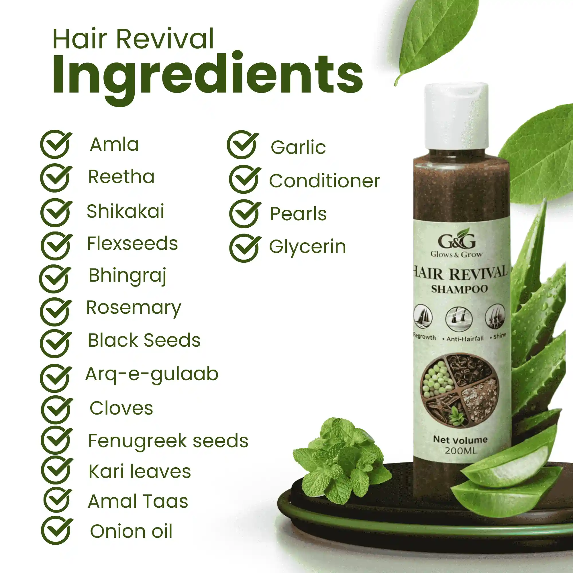 Natural ingredients of Hair Revival Shampoo including Amla, Reetha, Shikakai, and Onion oil etc.