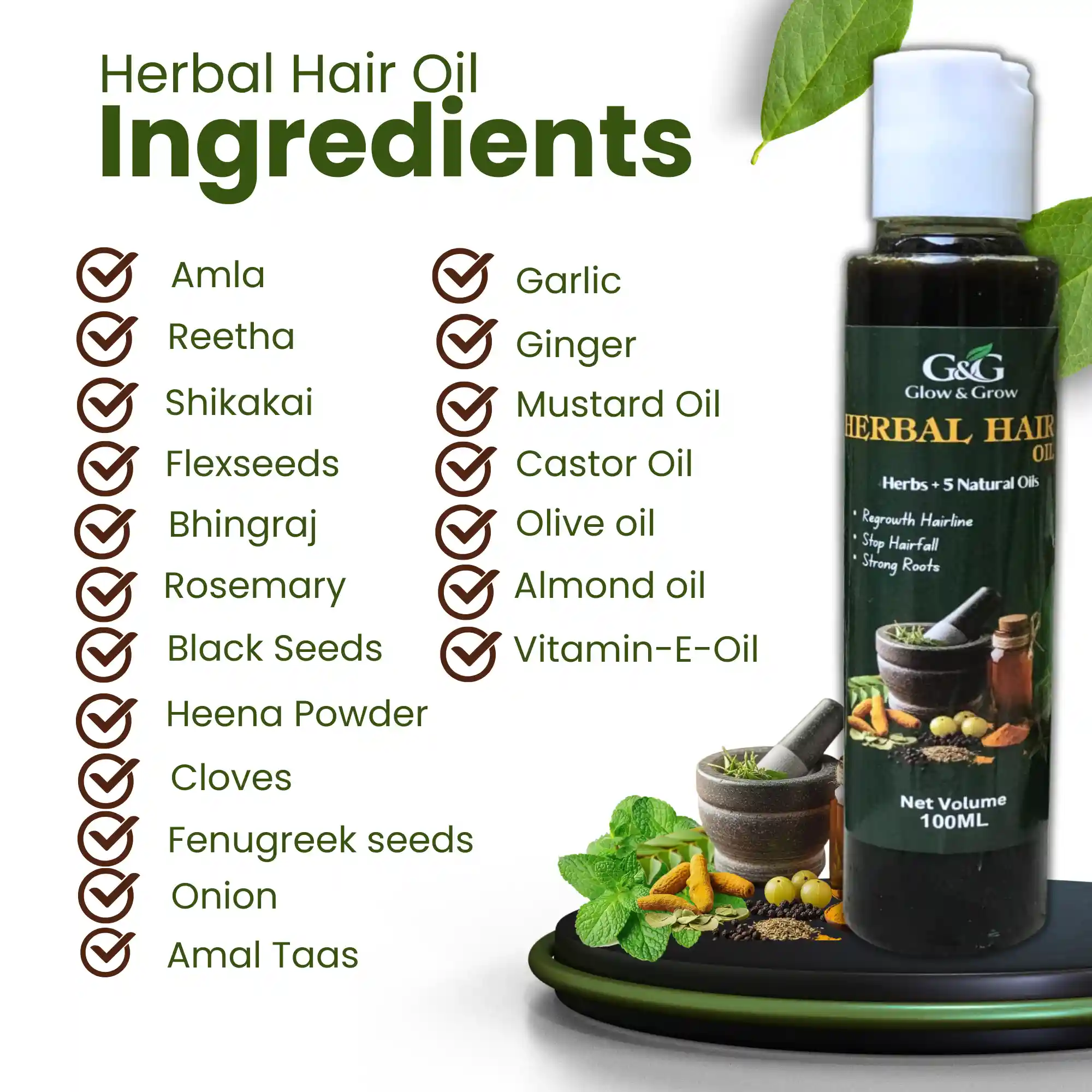 100% Natural ingredients like Rosemary, Amla, Onion, and Castor oil for hair regrowth - Glow & Grow.